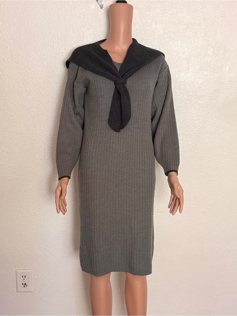Vtg Fujiki Grey Knit Sailor Sweater Dress sz M